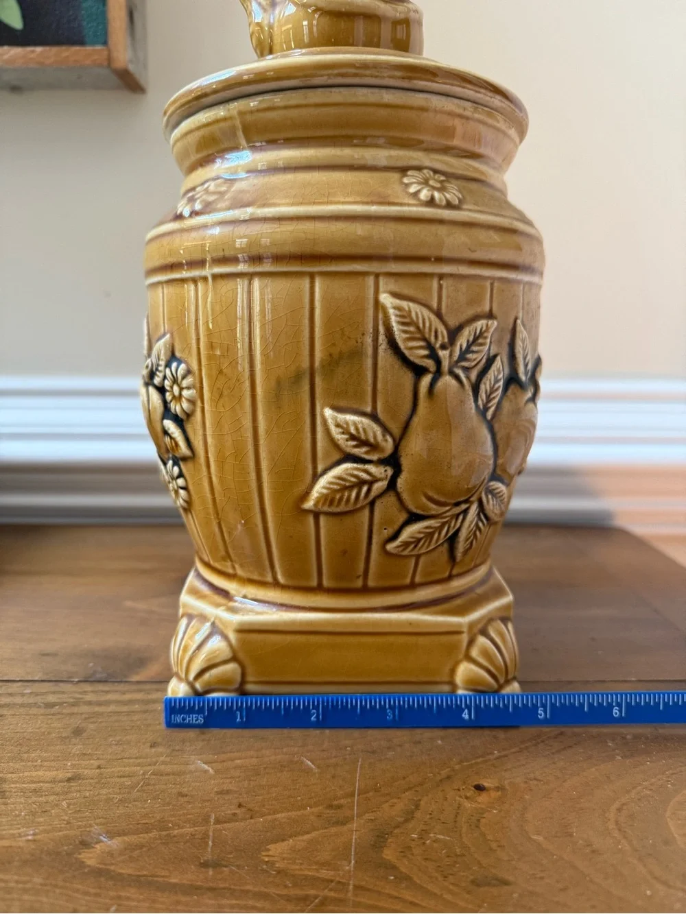 Vintage 1970s Marigold Ceramic pot-belly stove Canister with Fruit and Tea Motif